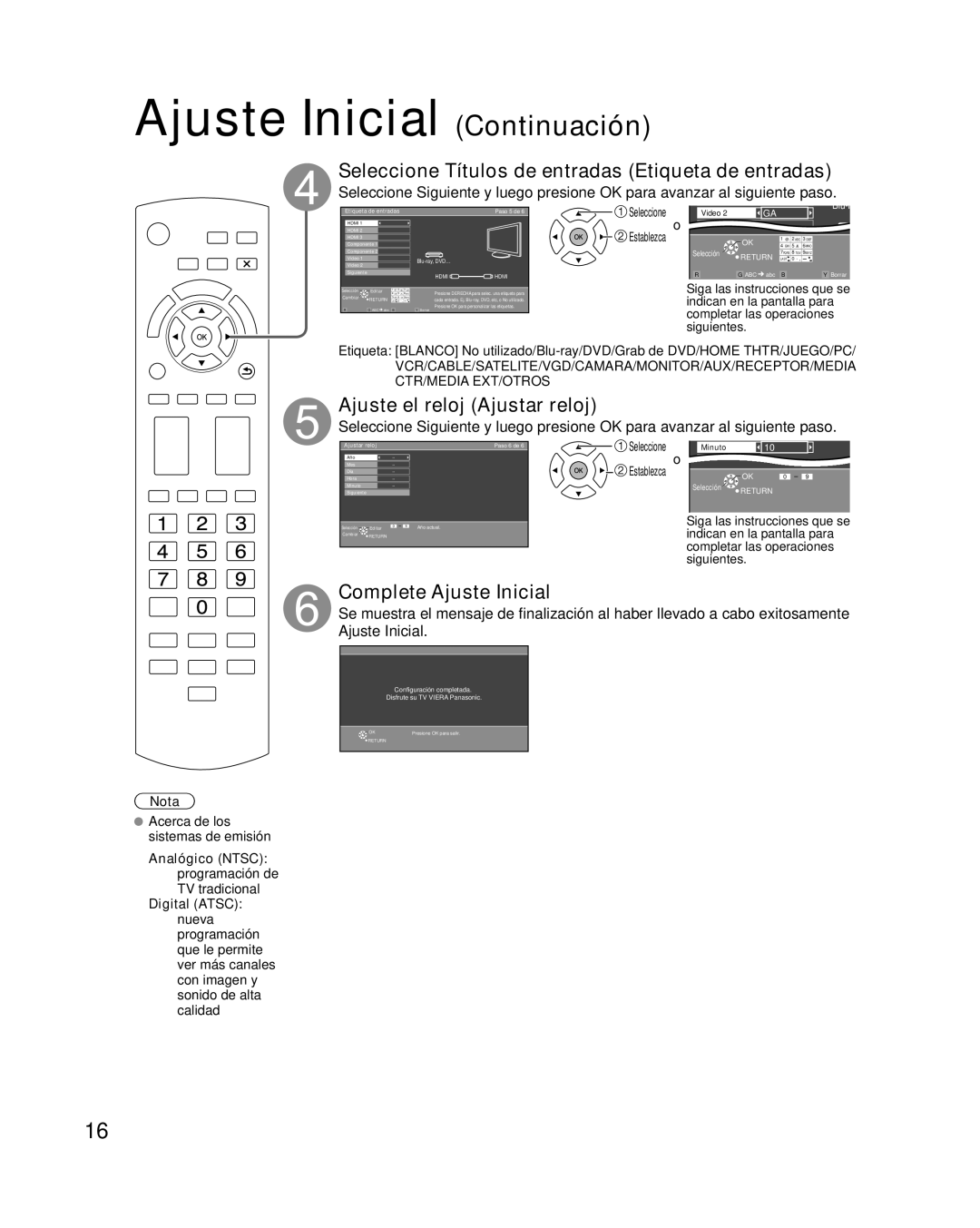 Panasonic TQB2AA0570 quick start Ajuste Inicial Continuación, Seleccione Títulos de entradas Etiqueta de entradas 