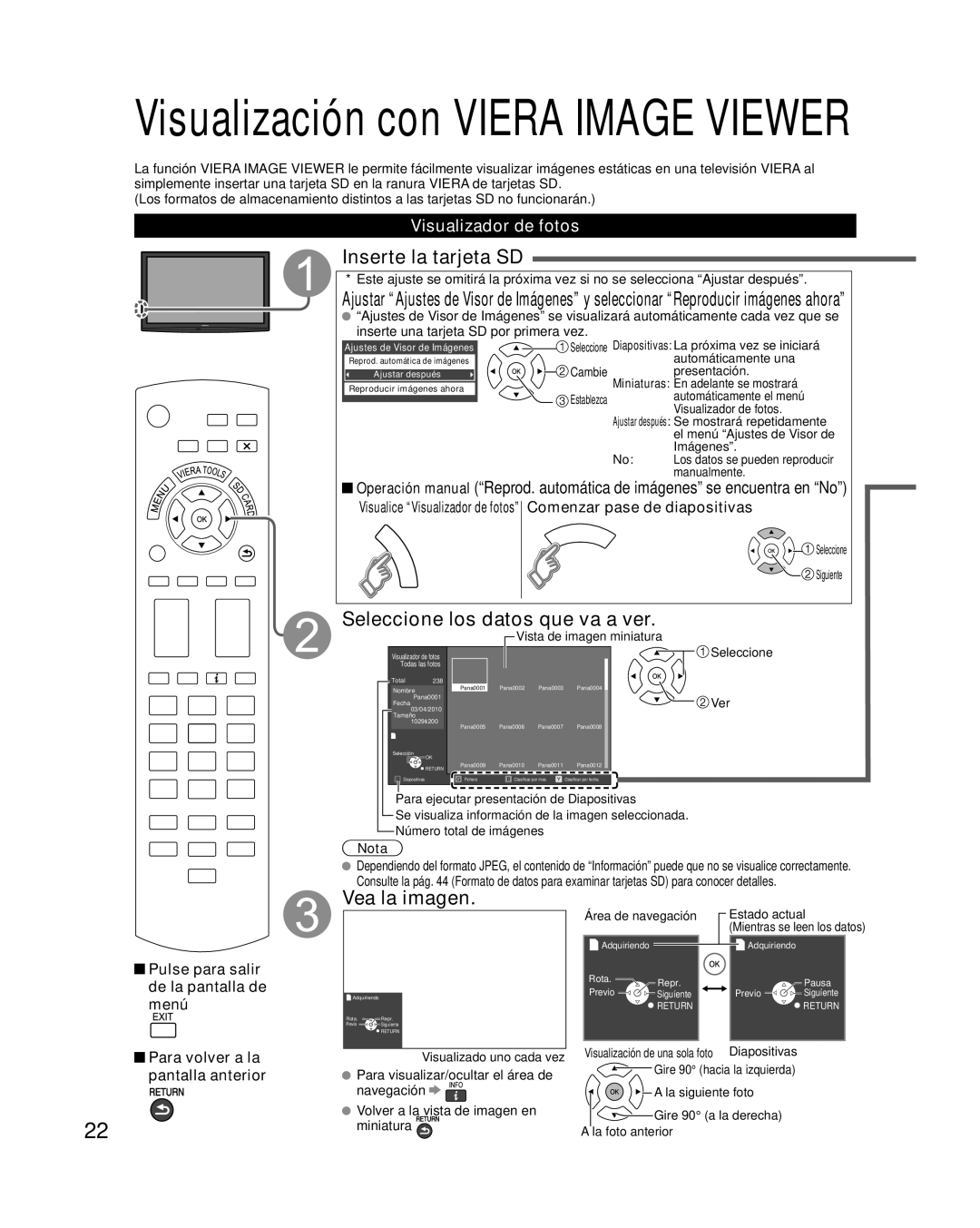 Panasonic TQB2AA0570 Inserte la tarjeta SD, Seleccione los datos que va a ver, Vea la imagen, Visualizador de fotos 