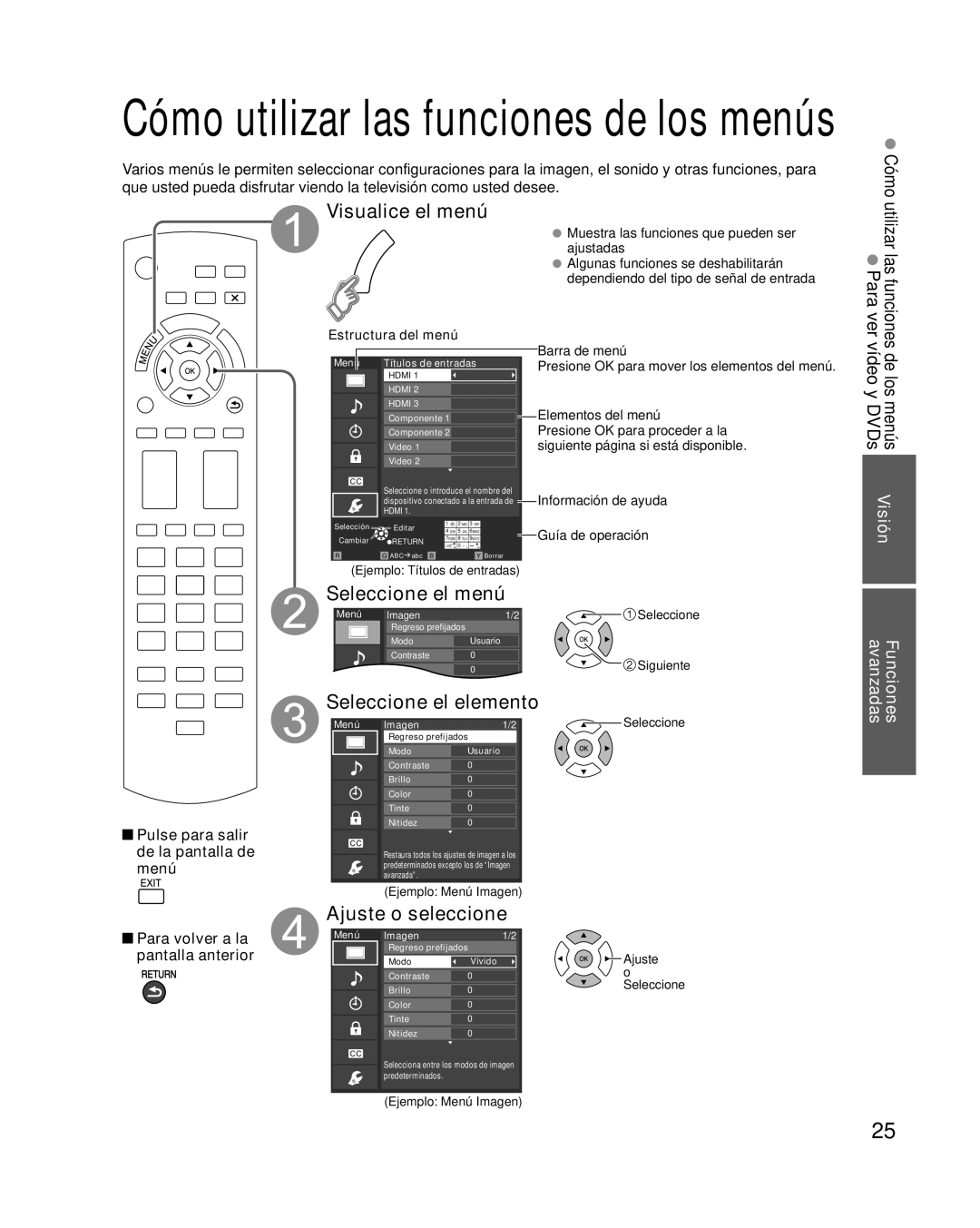 Panasonic TQB2AA0570 Visualice el menú, Seleccione el menú, Ajuste o seleccione, Estructura del menú, Guía de operación 