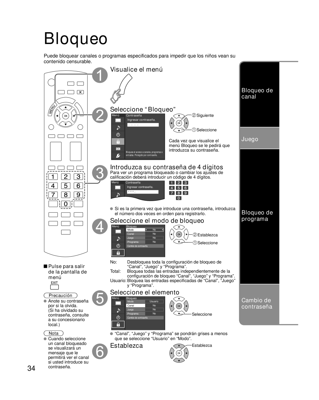 Panasonic TQB2AA0570 quick start Visualice el menú Seleccione Bloqueo, Introduzca su contraseña de 4 dígitos 