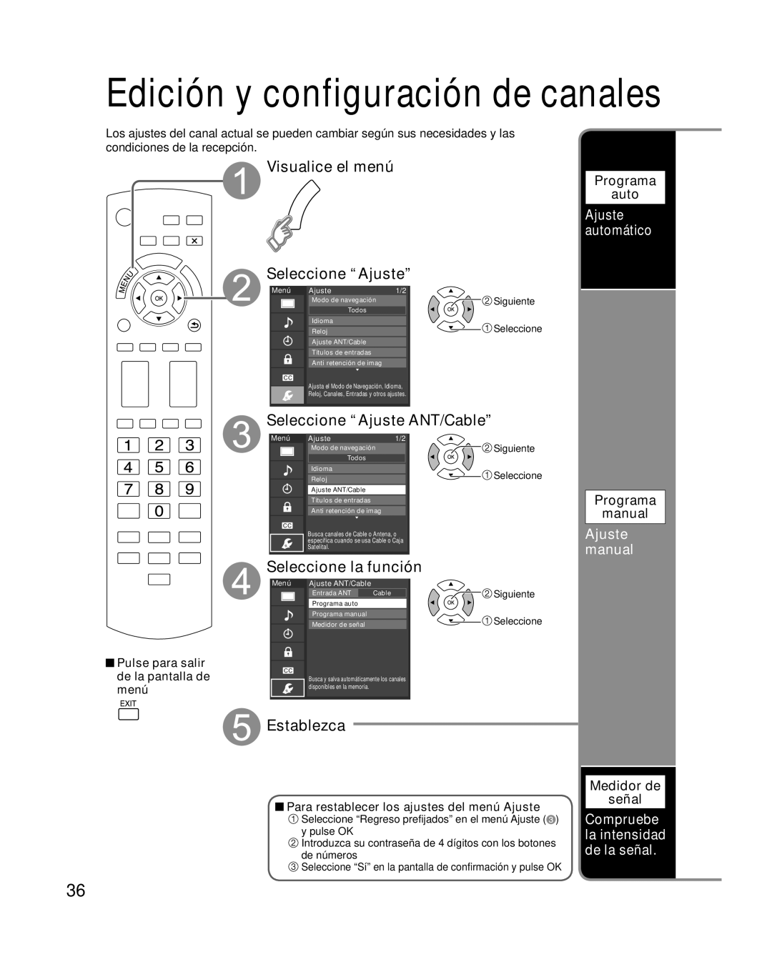 Panasonic TQB2AA0570 quick start Seleccione Ajuste ANT/Cable, Seleccione la función, Establezca, Ajuste automático 