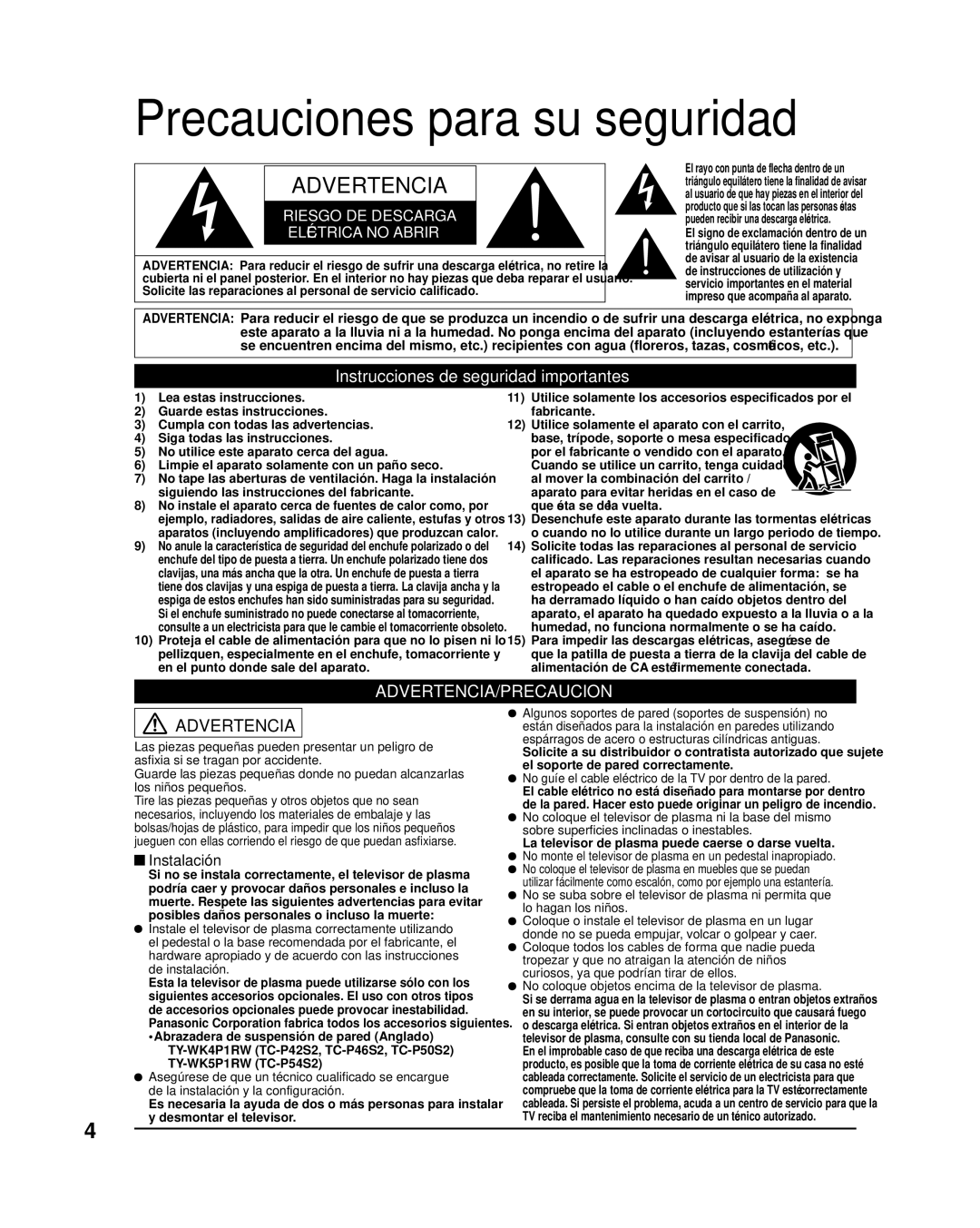 Panasonic TQB2AA0570 quick start Precauciones para su seguridad, Instrucciones de seguridad importantes, Instalación 