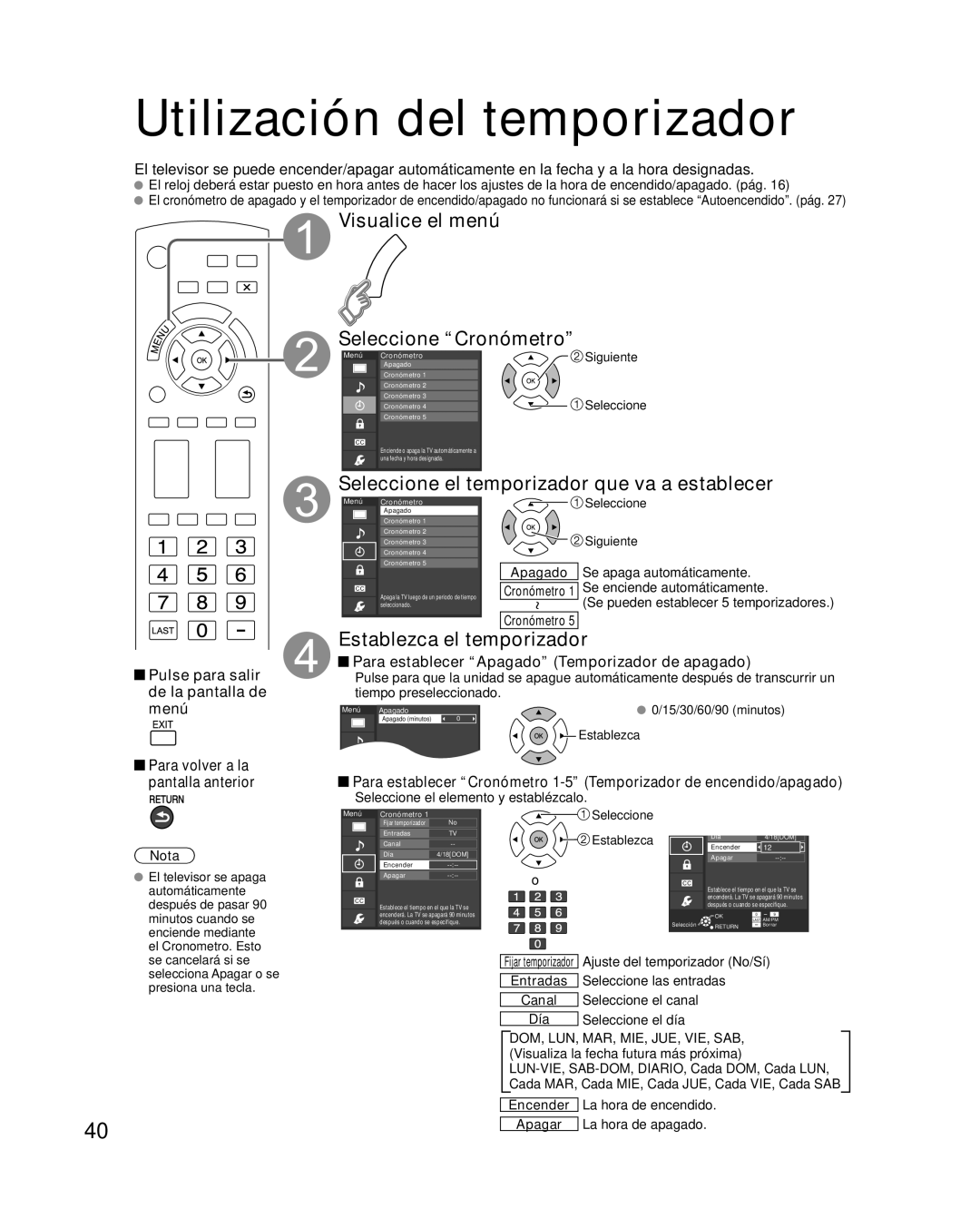 Panasonic TQB2AA0570 Utilización del temporizador, Visualice el menú Seleccione Cronómetro, Establezca el temporizador 