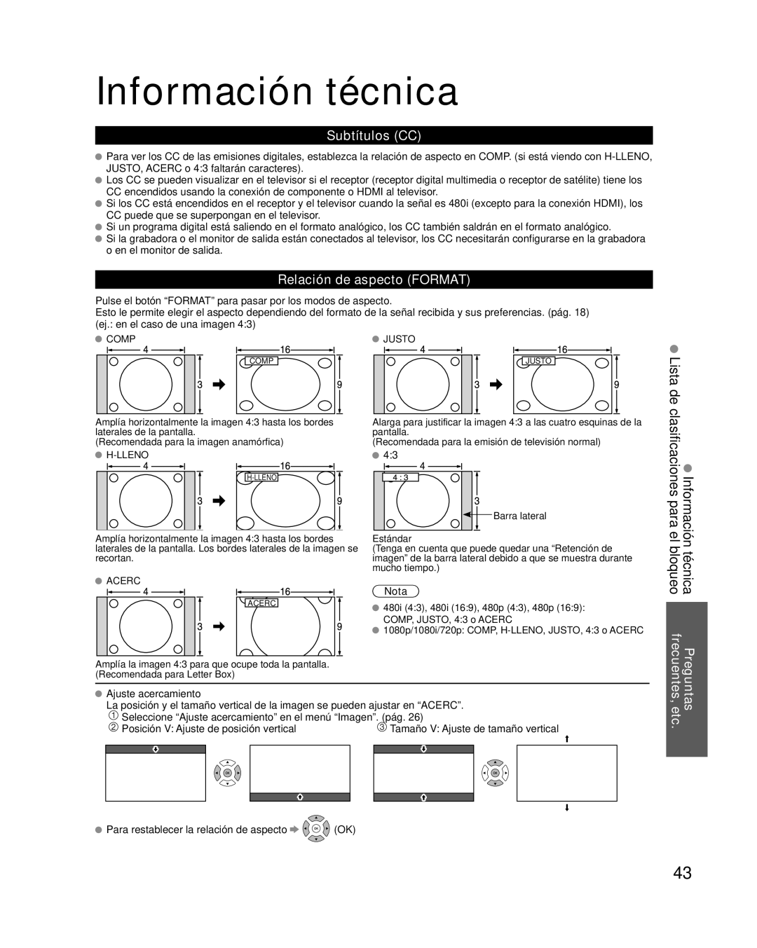 Panasonic TQB2AA0570 Información técnica, Lista de, Técnica el bloqueo, Subtítulos CC, Relación de aspecto Format 