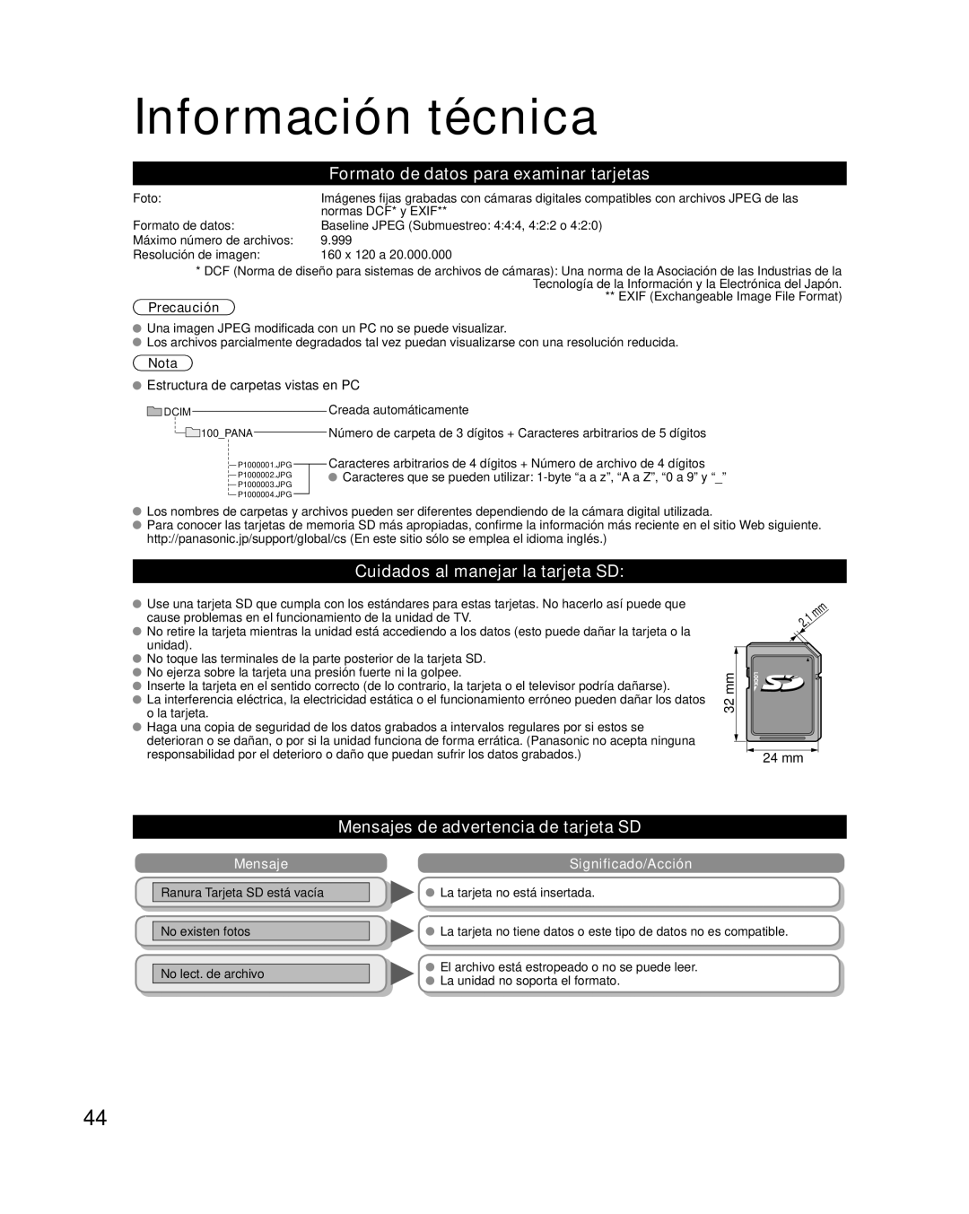 Panasonic TQB2AA0570 quick start Formato de datos para examinar tarjetas, Cuidados al manejar la tarjeta SD, Mm32 24 mm 