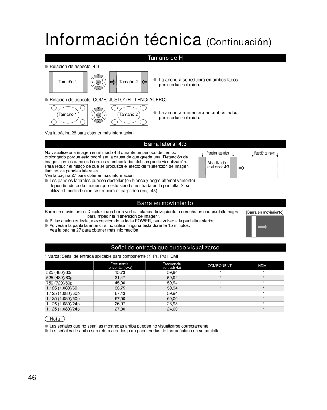 Panasonic TQB2AA0570 quick start Información técnica Continuación, Tamaño de H, Barra lateral, Barra en movimiento 