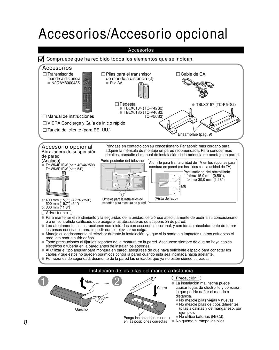 Panasonic TQB2AA0570 quick start Accesorios/Accesorio opcional, Instalación de las pilas del mando a distancia 