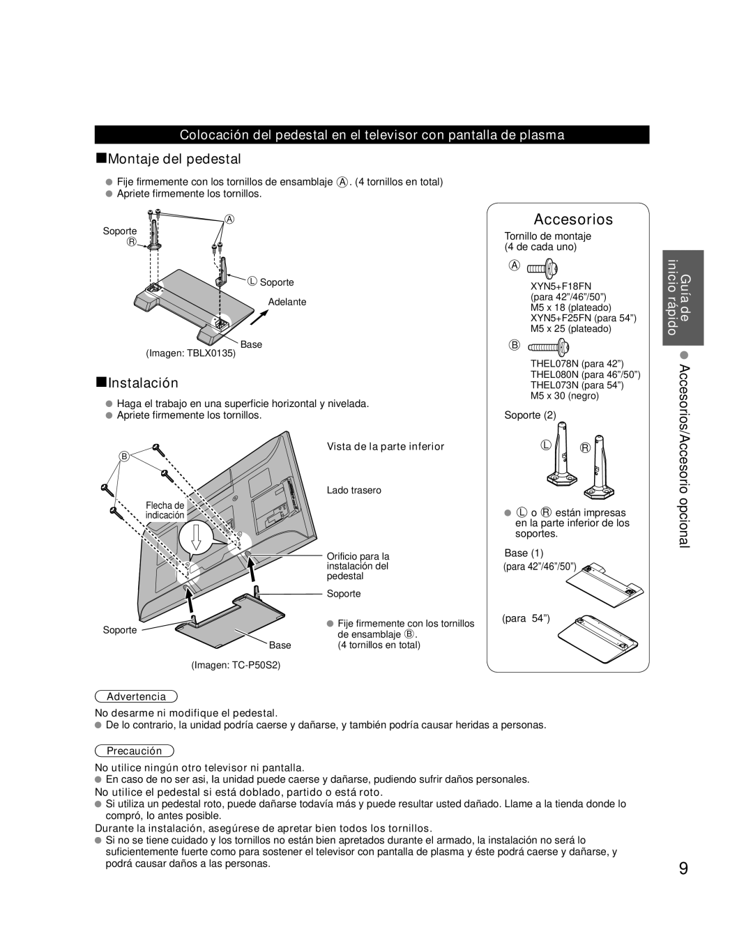 Panasonic TQB2AA0570 Guía de inicio rápido, Vista de la parte inferior, Advertencia No desarme ni modifique el pedestal 