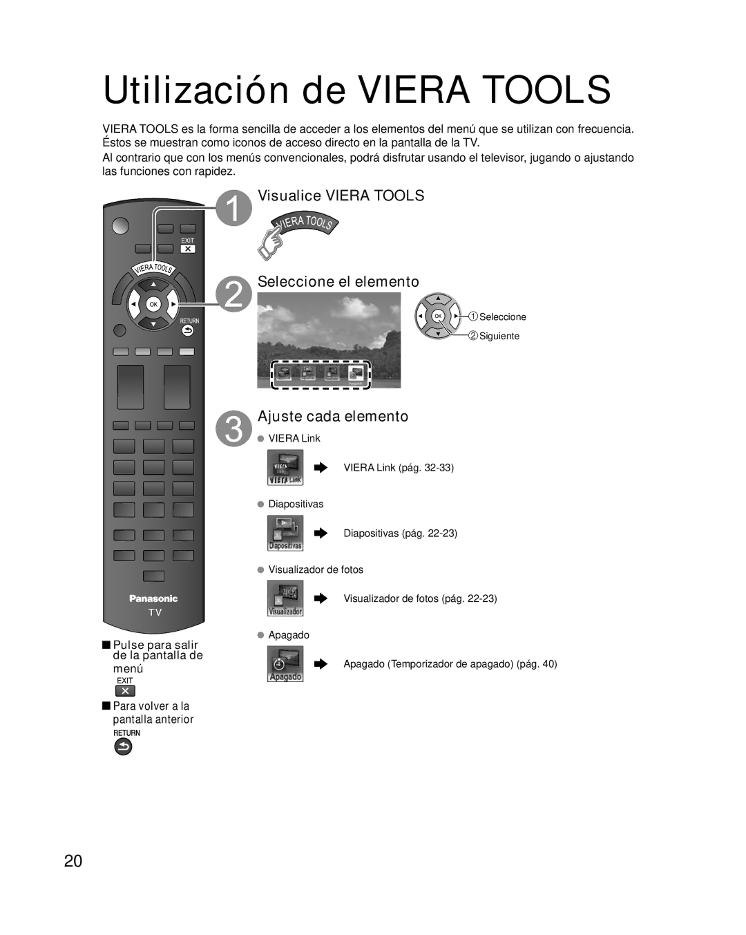 Panasonic TQB2AA0572 Utilización de Viera Tools, Visualice Viera Tools Seleccione el elemento, Ajuste cada elemento 