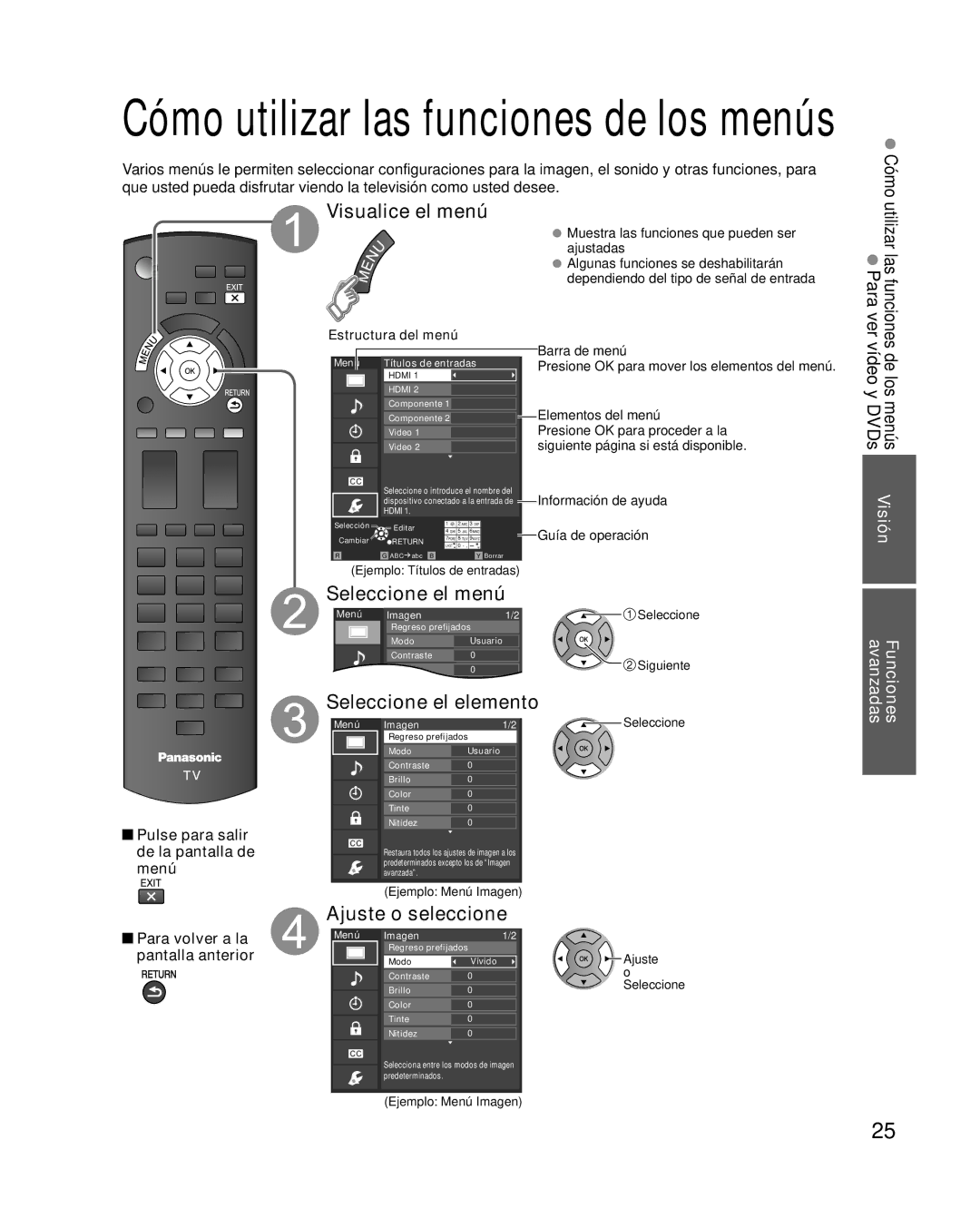 Panasonic TQB2AA0572 Visualice el menú, Seleccione el menú, Ajuste o seleccione, Estructura del menú, Guía de operación 