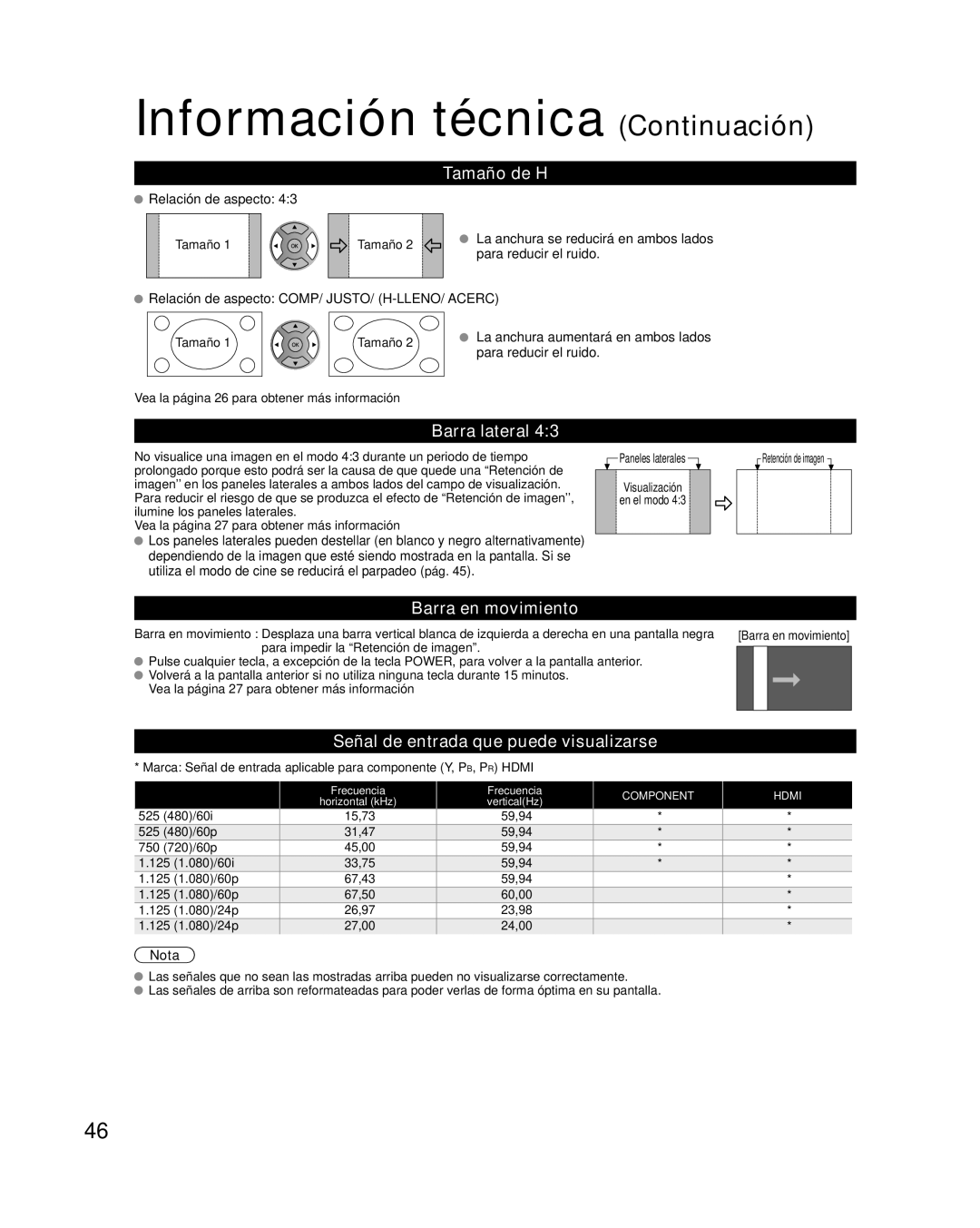 Panasonic TQB2AA0572 quick start Información técnica Continuación, Tamaño de H, Barra lateral, Barra en movimiento 