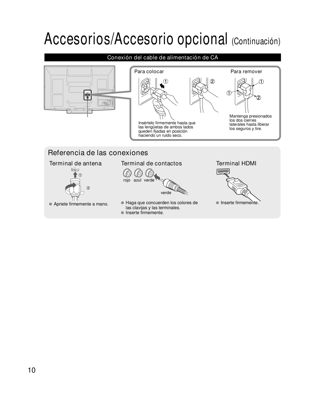 Panasonic TQB2AA0573 Conexión del cable de alimentación de CA, Para colocar, Para remover, Rojo azul verde Verde 