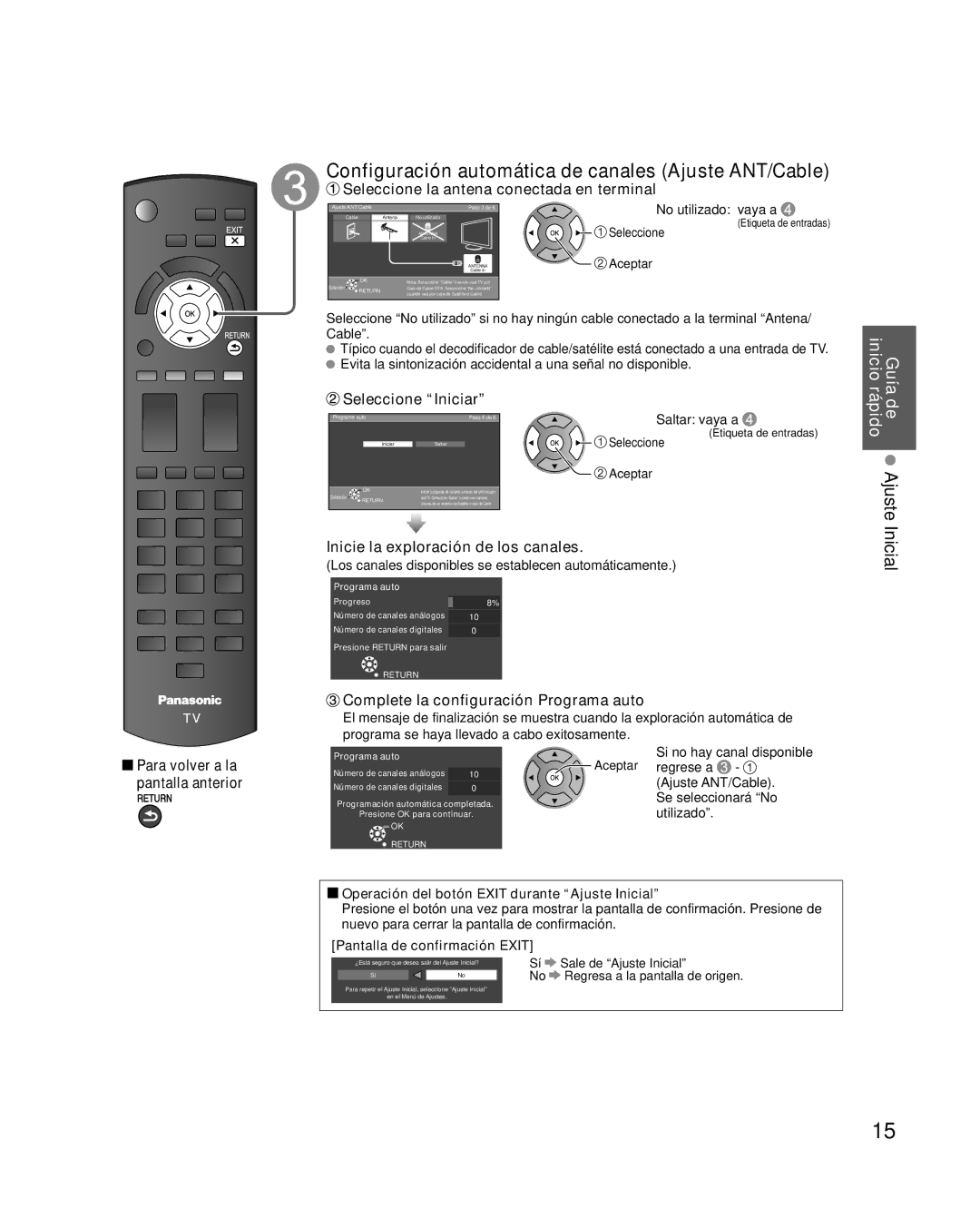 Panasonic TQB2AA0573 quick start Configuración automática de canales Ajuste ANT/Cable, Inicial 