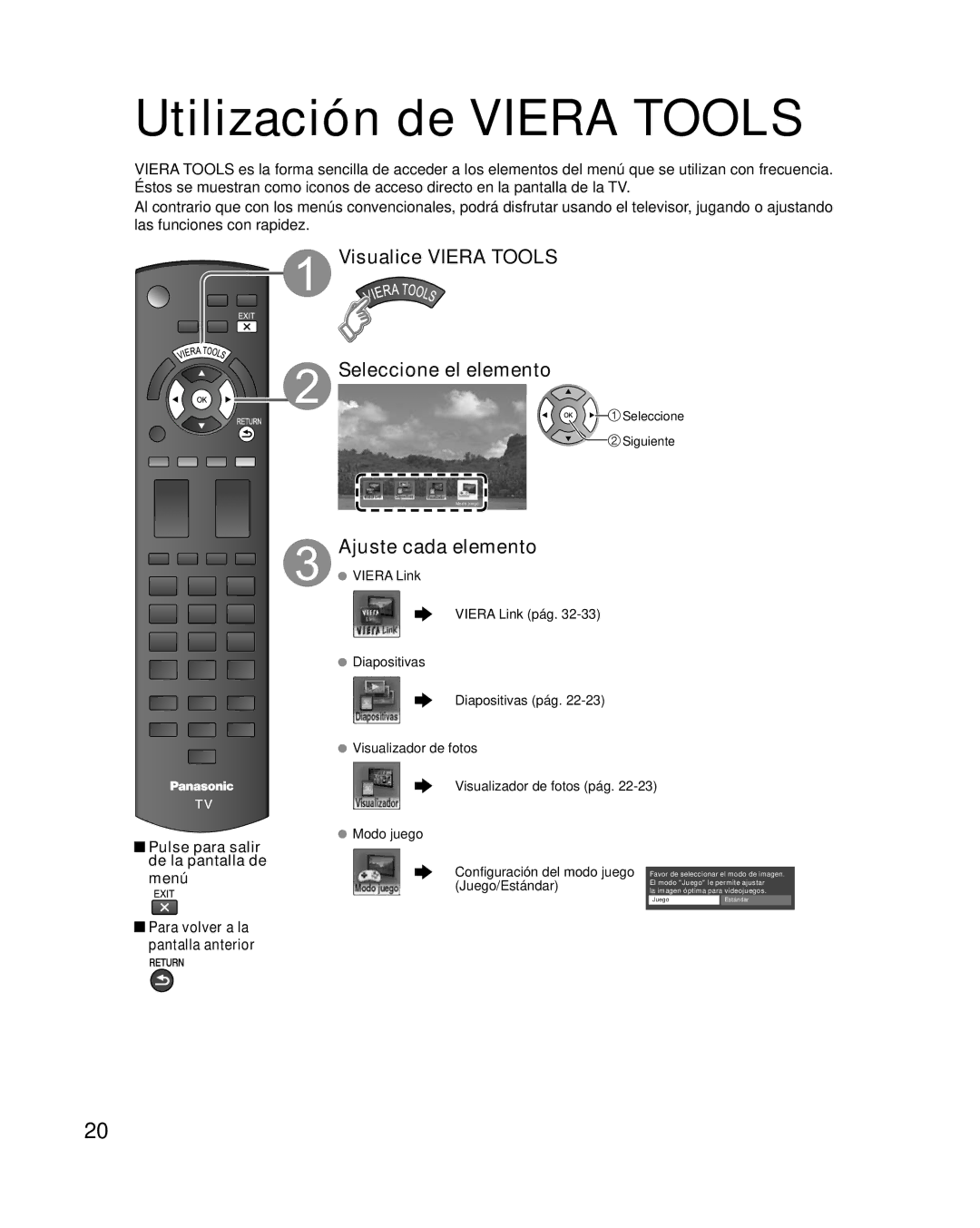 Panasonic TQB2AA0573 Utilización de Viera Tools, Visualice Viera Tools Seleccione el elemento, Ajuste cada elemento 