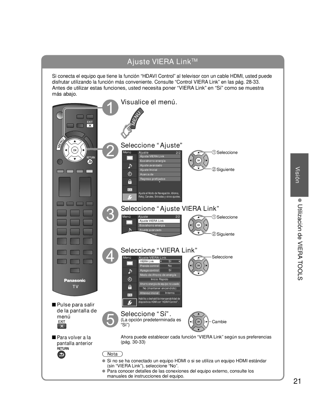 Panasonic TQB2AA0573 quick start Visualice el menú Seleccione Ajuste, Seleccione Ajuste Viera Link, Seleccione Viera Link 