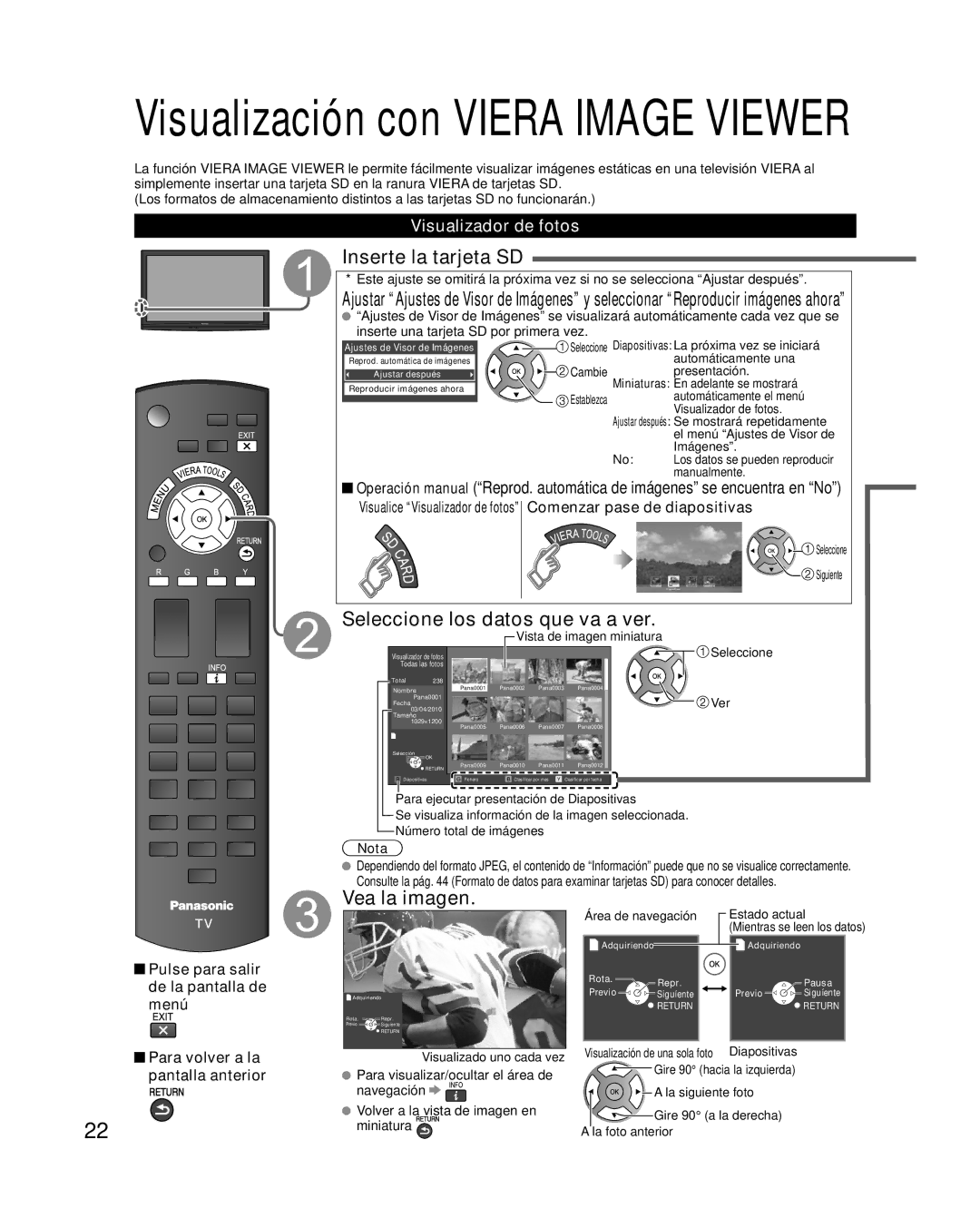 Panasonic TQB2AA0573 Inserte la tarjeta SD, Seleccione los datos que va a ver, Vea la imagen, Visualizador de fotos 