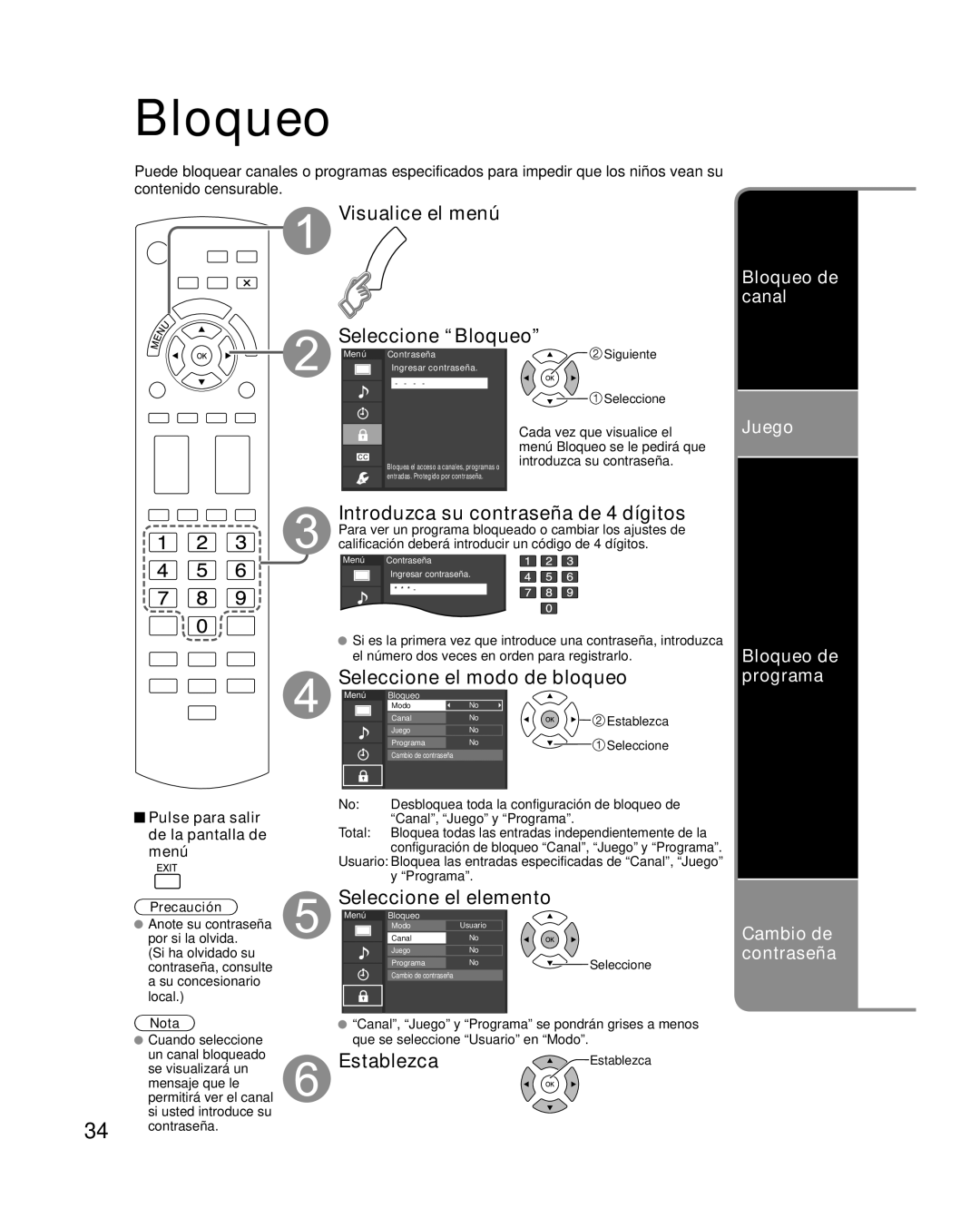 Panasonic TQB2AA0573 Seleccione Bloqueo, Introduzca su contraseña de 4 dígitos, Seleccione el modo de bloqueo 