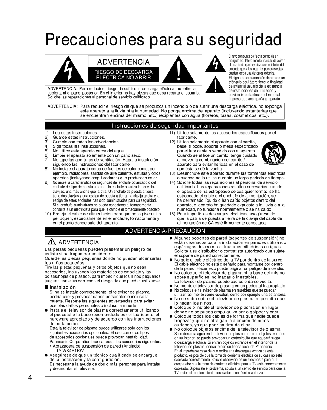 Panasonic TQB2AA0573 quick start Precauciones para su seguridad, Instrucciones de seguridad importantes, Instalación 