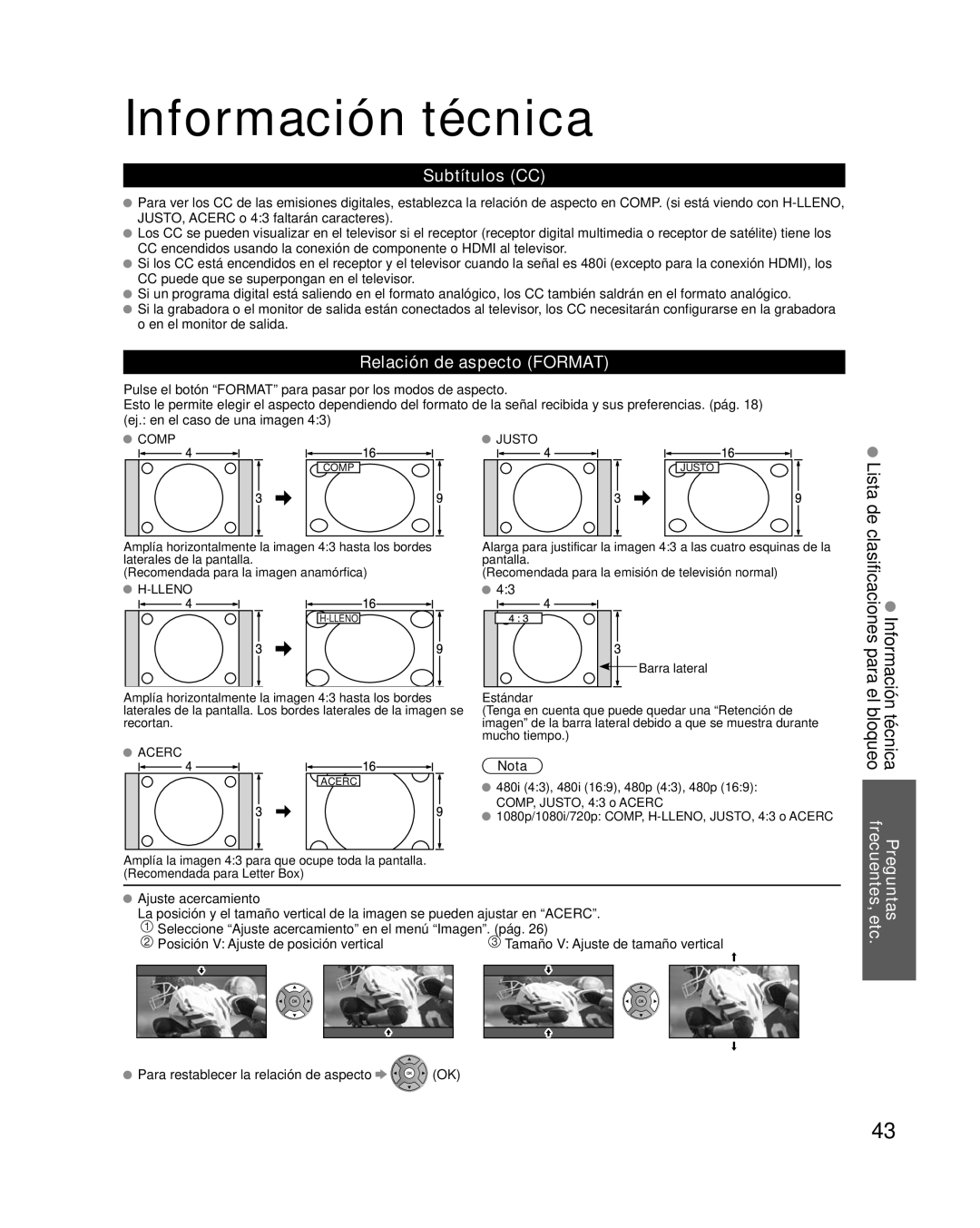 Panasonic TQB2AA0573 Información técnica, Lista de, Técnica el bloqueo, Subtítulos CC, Relación de aspecto Format 