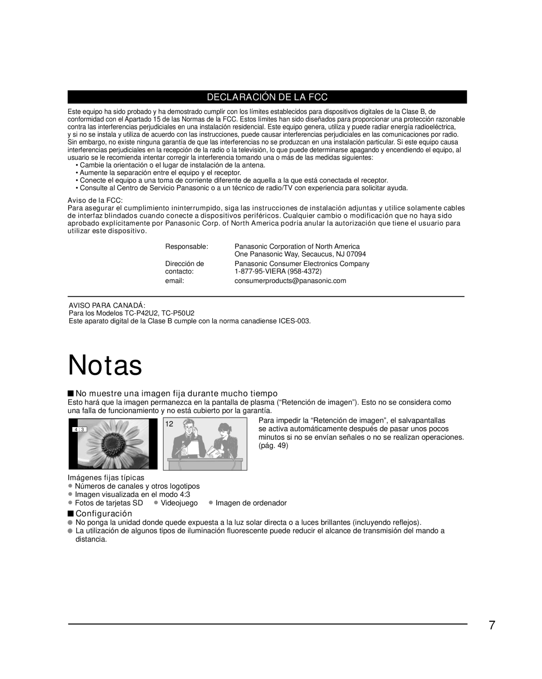 Panasonic TQB2AA0573 Notas, No muestre una imagen fija durante mucho tiempo, Configuración, Imágenes fijas típicas 