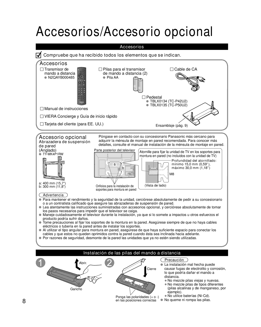 Panasonic TQB2AA0573 quick start Accesorios/Accesorio opcional, Instalación de las pilas del mando a distancia 