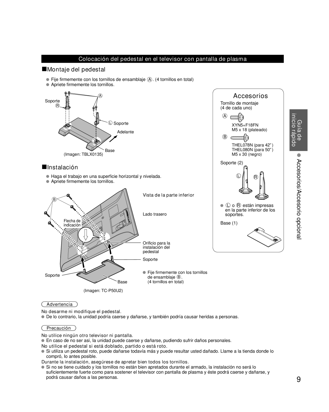 Panasonic TQB2AA0573 Guía de inicio rápido, Vista de la parte inferior, Advertencia No desarme ni modifique el pedestal 