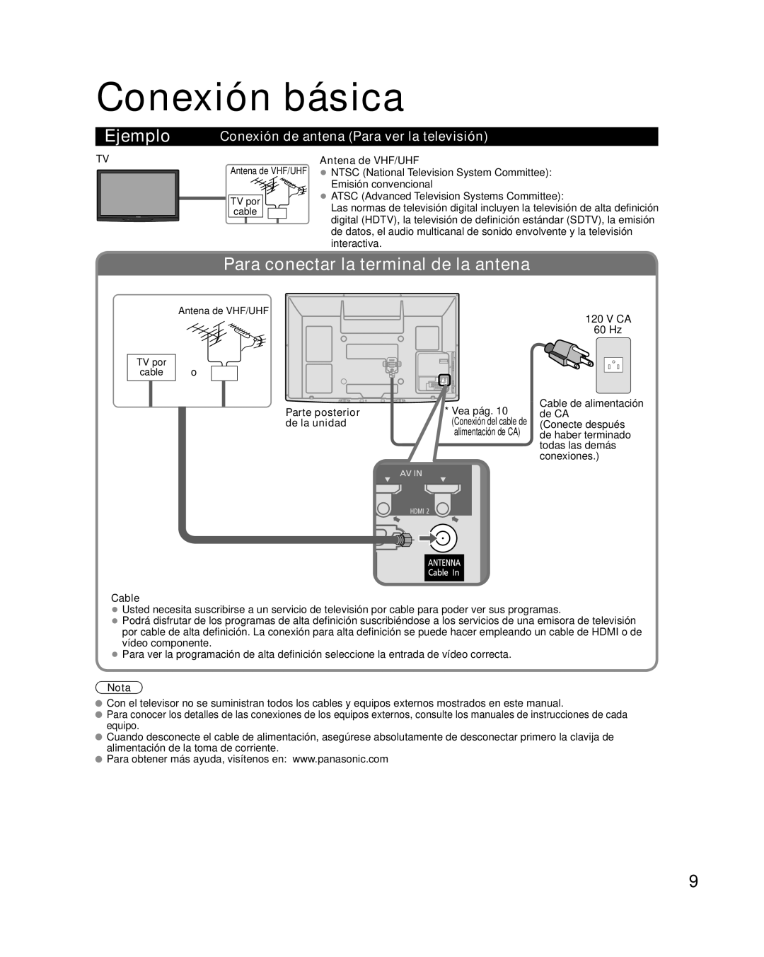 Panasonic TQB2AA0576 Conexión básica, Conexión de antena Para ver la televisión, Antena de VHF/UHF, Cable, Nota 