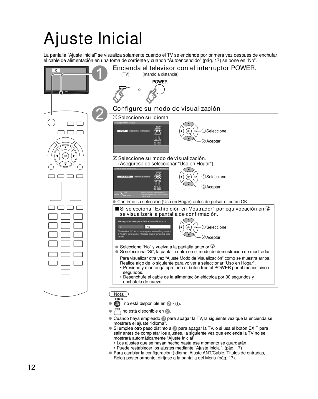 Panasonic TQB2AA0576 Ajuste Inicial, Encienda el televisor con el interruptor Power, Configure su modo de visualización 