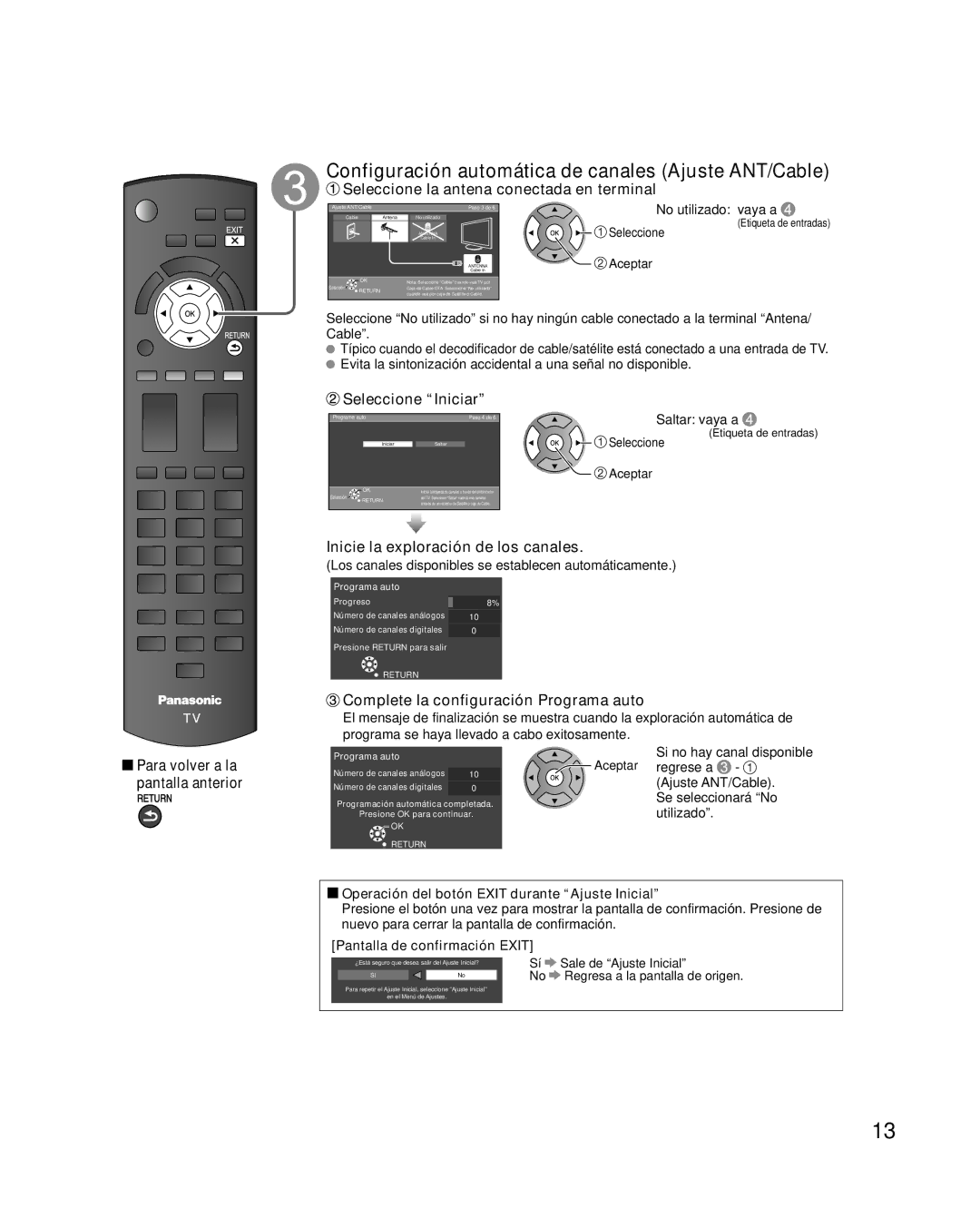 Panasonic TQB2AA0576 Configuración automática de canales Ajuste ANT/Cable, Seleccione la antena conectada en terminal 