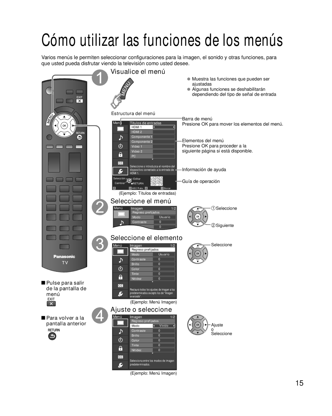 Panasonic TQB2AA0576 Visualice el menú, Seleccione el menú, Seleccione el elemento, Ajuste o seleccione 