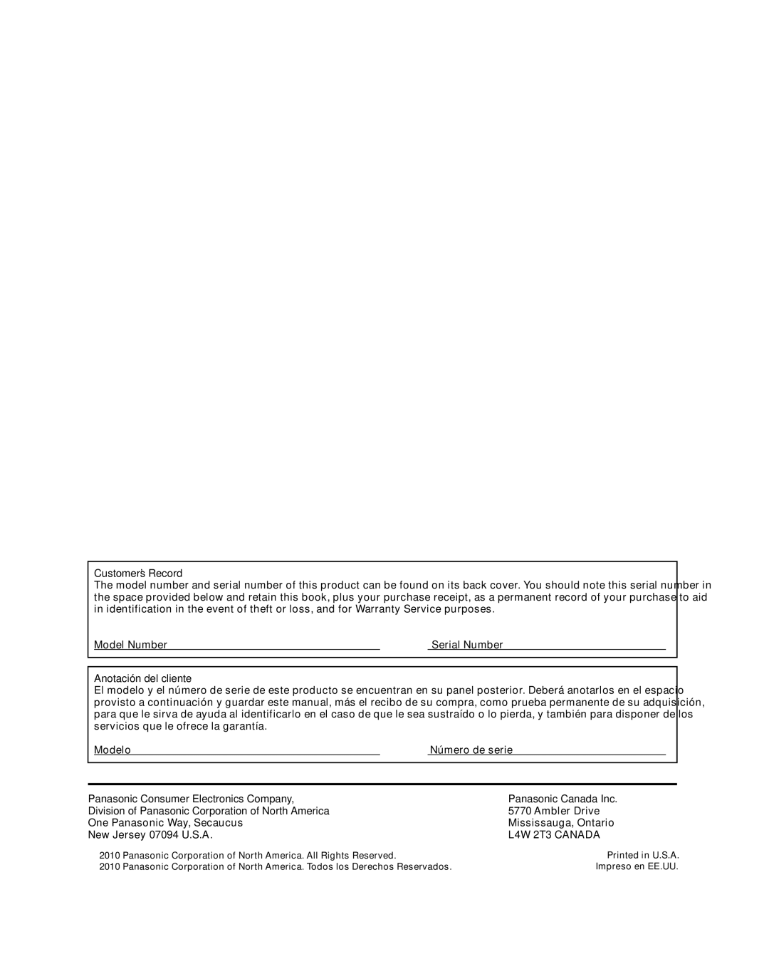 Panasonic TQB2AA0576 operating instructions Customer’s Record, Anotación del cliente 