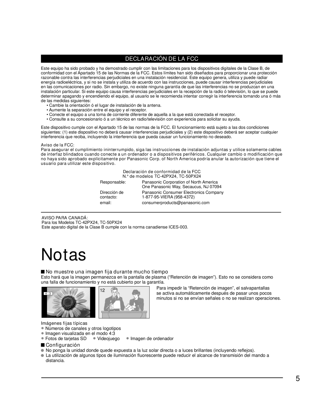 Panasonic TQB2AA0576 Notas, No muestre una imagen fija durante mucho tiempo, Configuración, Imágenes fijas típicas 