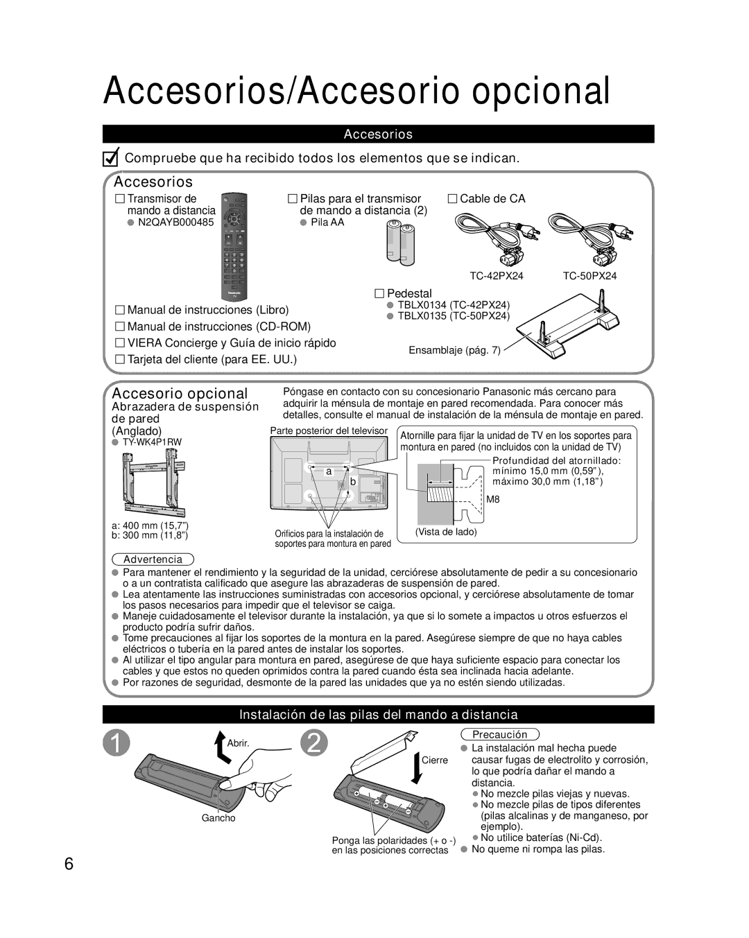 Panasonic TQB2AA0576 operating instructions Accesorios/Accesorio opcional, Instalación de las pilas del mando a distancia 