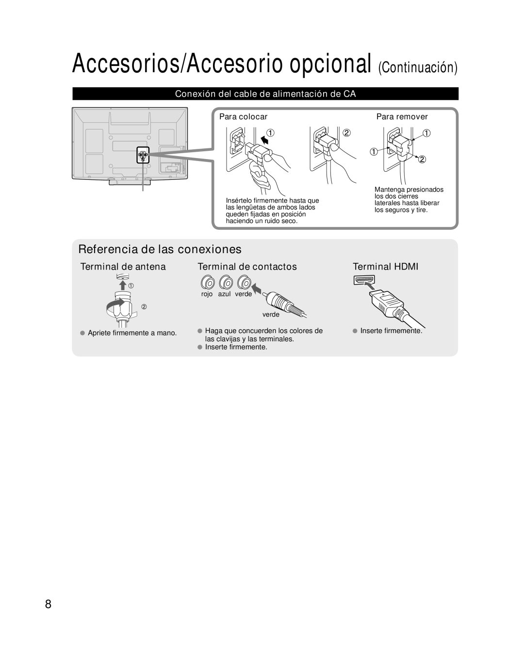 Panasonic TQB2AA0576 Conexión del cable de alimentación de CA, Para colocar, Para remover, Rojo azul verde Verde 