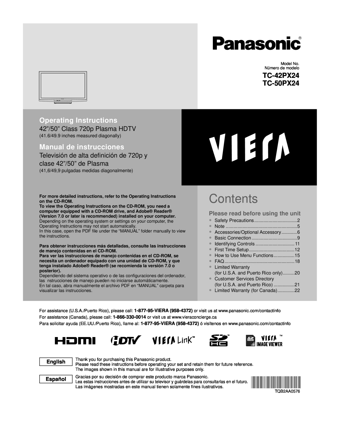 Panasonic TQB2AA0576 operating instructions Contents, Operating Instructions, Manual de instrucciones, TC-42PX24 TC-50PX24 