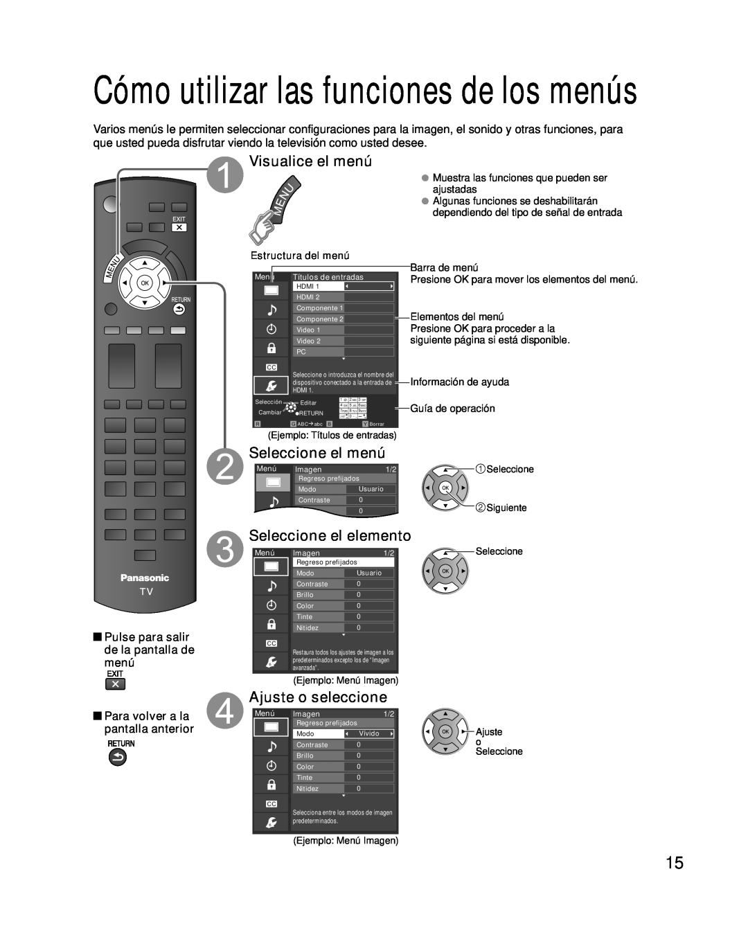 Panasonic TQB2AA0576 Cómo utilizar las funciones de los menús, Pulse para salir de la pantalla de menú, Guía de operación 
