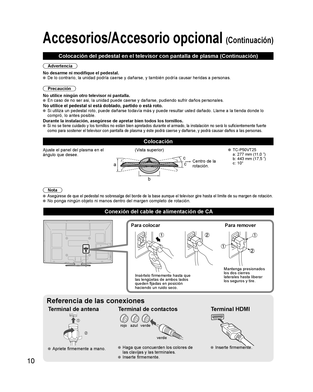 Panasonic TQB2AA0579 quick start Colocación, Conexión del cable de alimentación de CA, Para colocar 