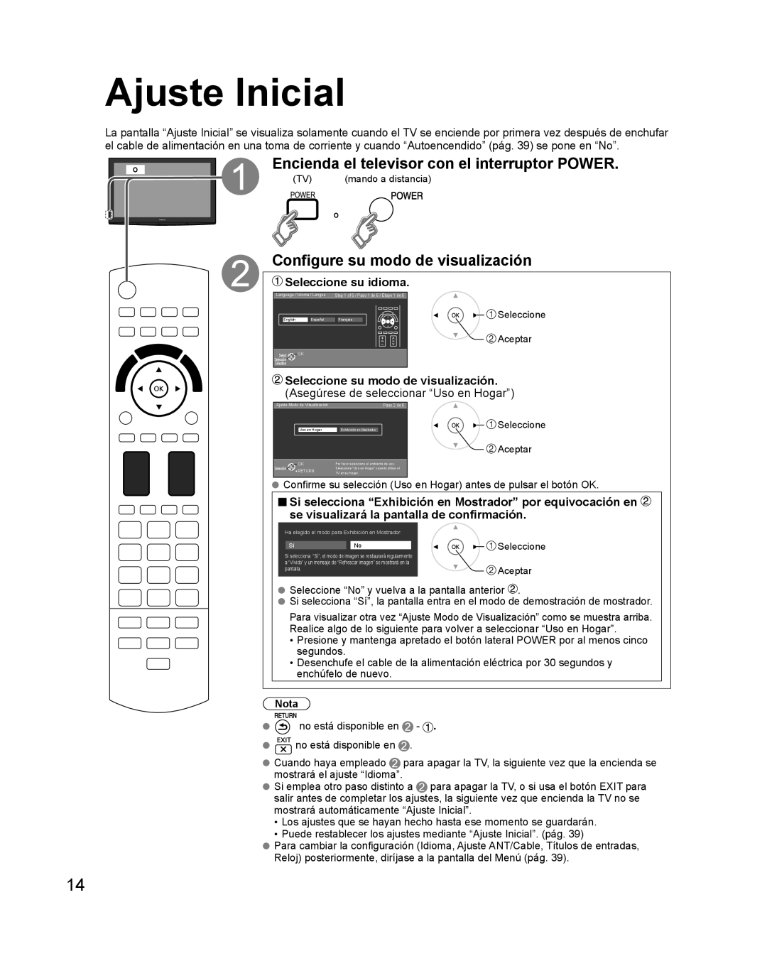 Panasonic TQB2AA0579 Ajuste Inicial, Encienda el televisor con el interruptor Power, Configure su modo de visualización 