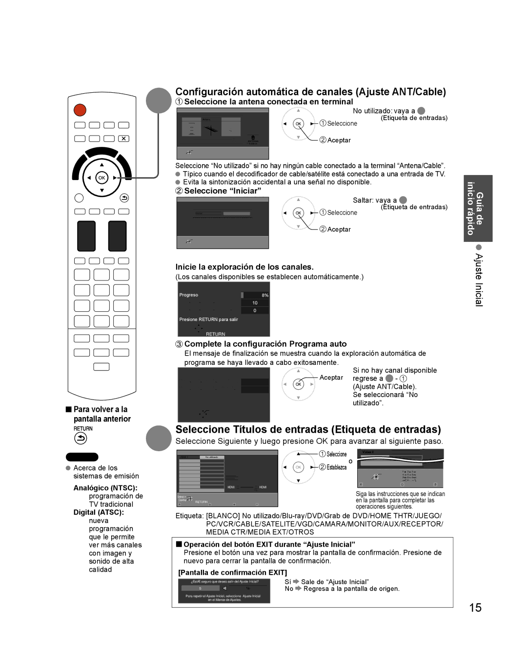 Panasonic TQB2AA0579 quick start Configuración automática de canales Ajuste ANT/Cable, Guía de Ajuste Inicial inicio rápido 