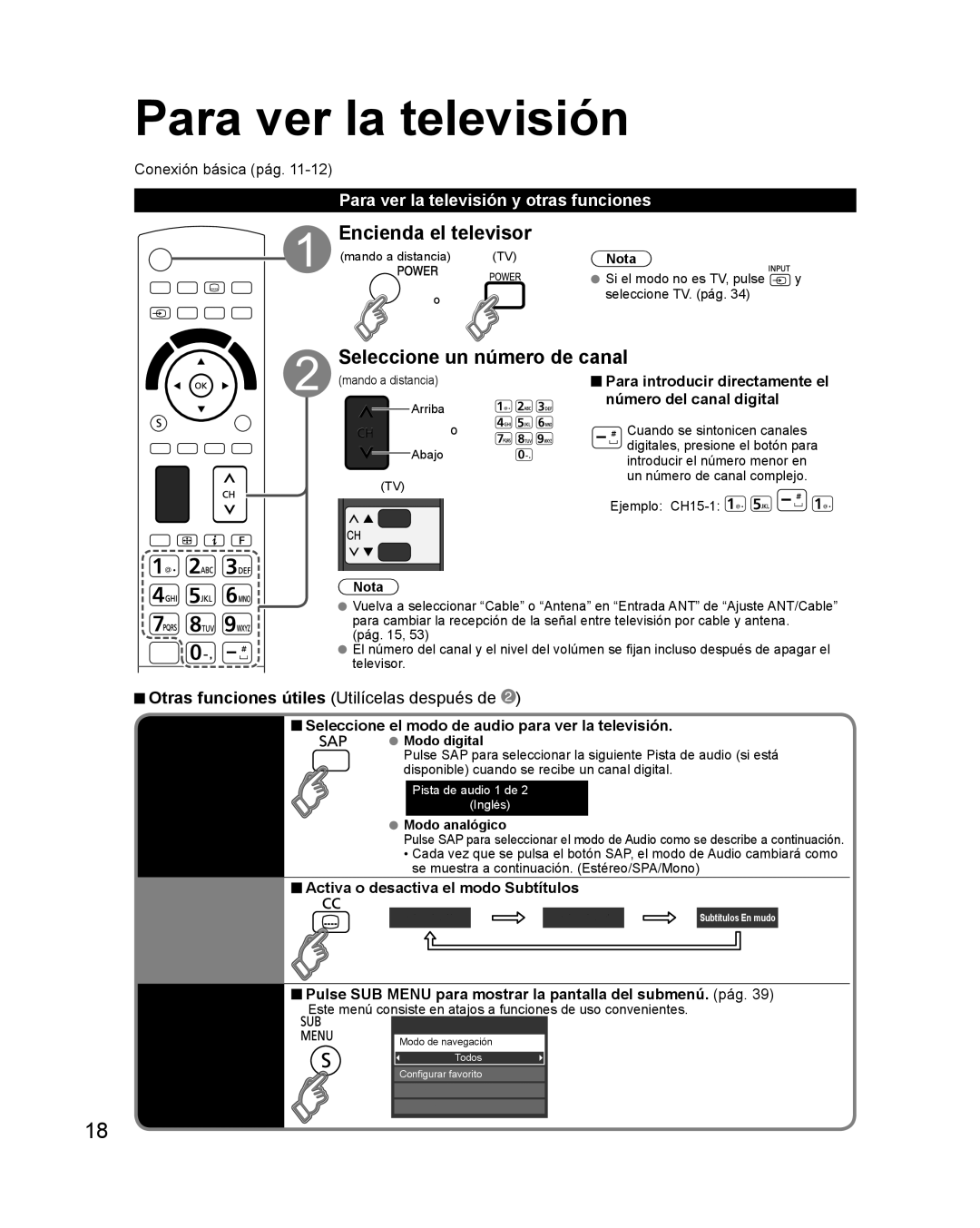 Panasonic TQB2AA0579 quick start Para ver la televisión, Encienda el televisor, Seleccione un número de canal, Subtitulos 