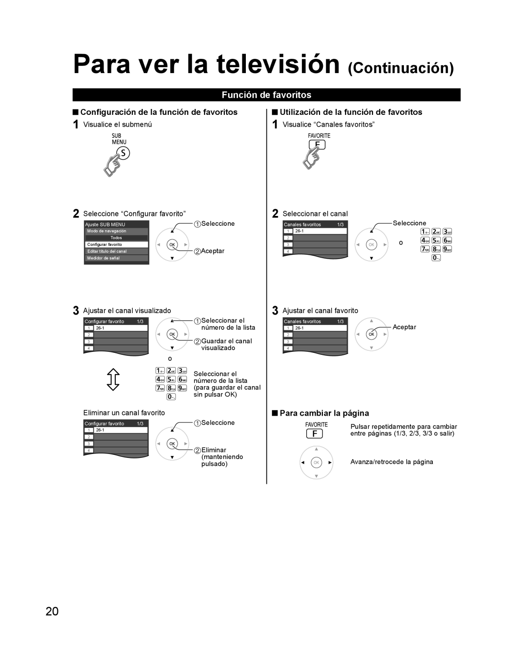 Panasonic TQB2AA0579 Para ver la televisión Continuación, Función de favoritos, Configuración de la función de favoritos 