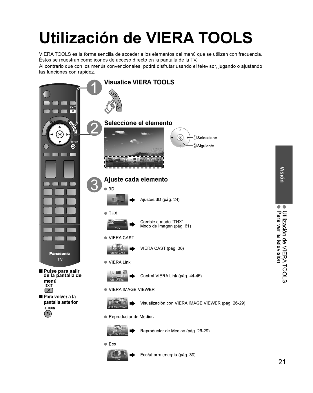 Panasonic TQB2AA0579 quick start Utilización de Viera Tools, Pulse para salir de la pantalla de menú 