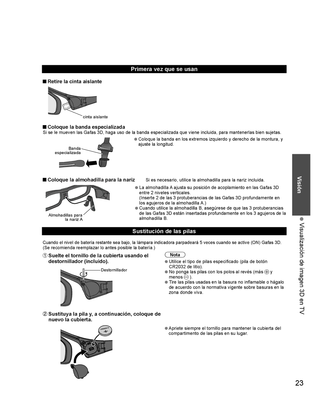 Panasonic TQB2AA0579 quick start Primera vez que se usan, Visión Sustitución de las pilas, Retire la cinta aislante 