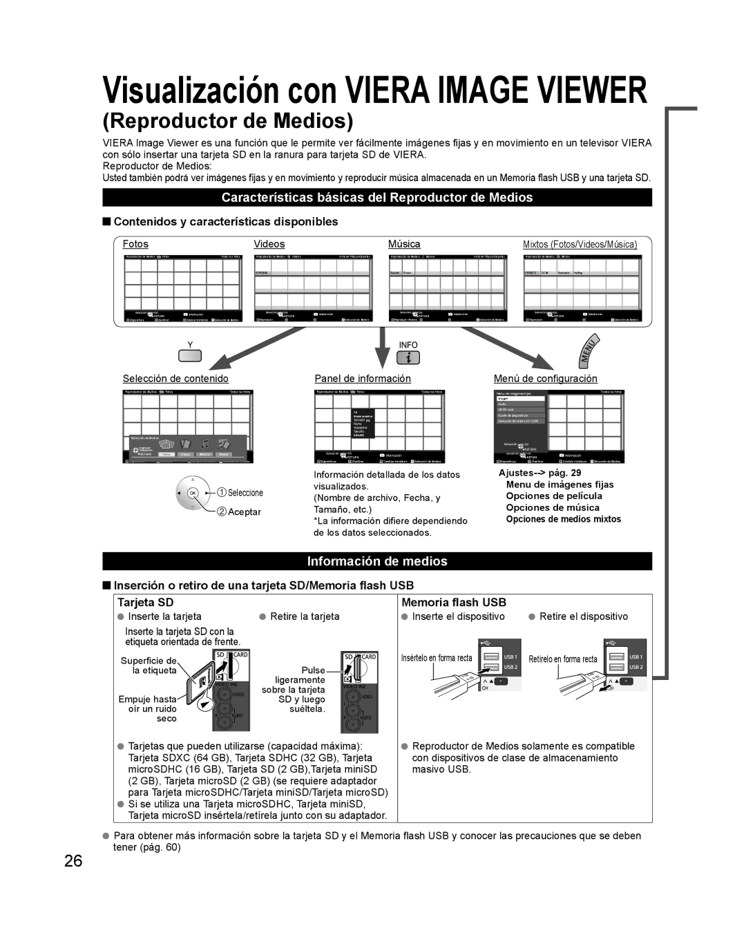 Panasonic TQB2AA0579 Características básicas del Reproductor de Medios, Información de medios, Memoria flash USB 