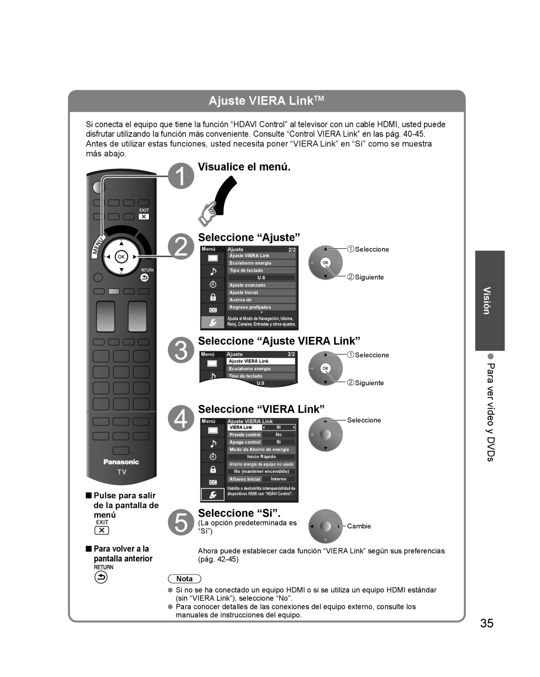 Panasonic TQB2AA0579 quick start Visualice el menú Seleccione Ajuste, Seleccione Ajuste Viera Link, Seleccione Viera Link 