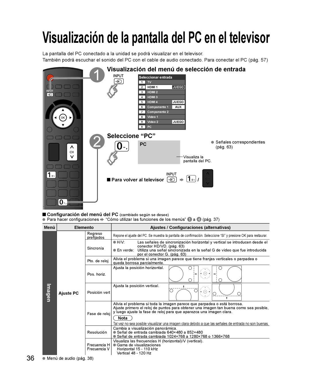 Panasonic TQB2AA0579 quick start Visualización del menú de selección de entrada, Seleccione PC, Imagen, Ajuste PC 