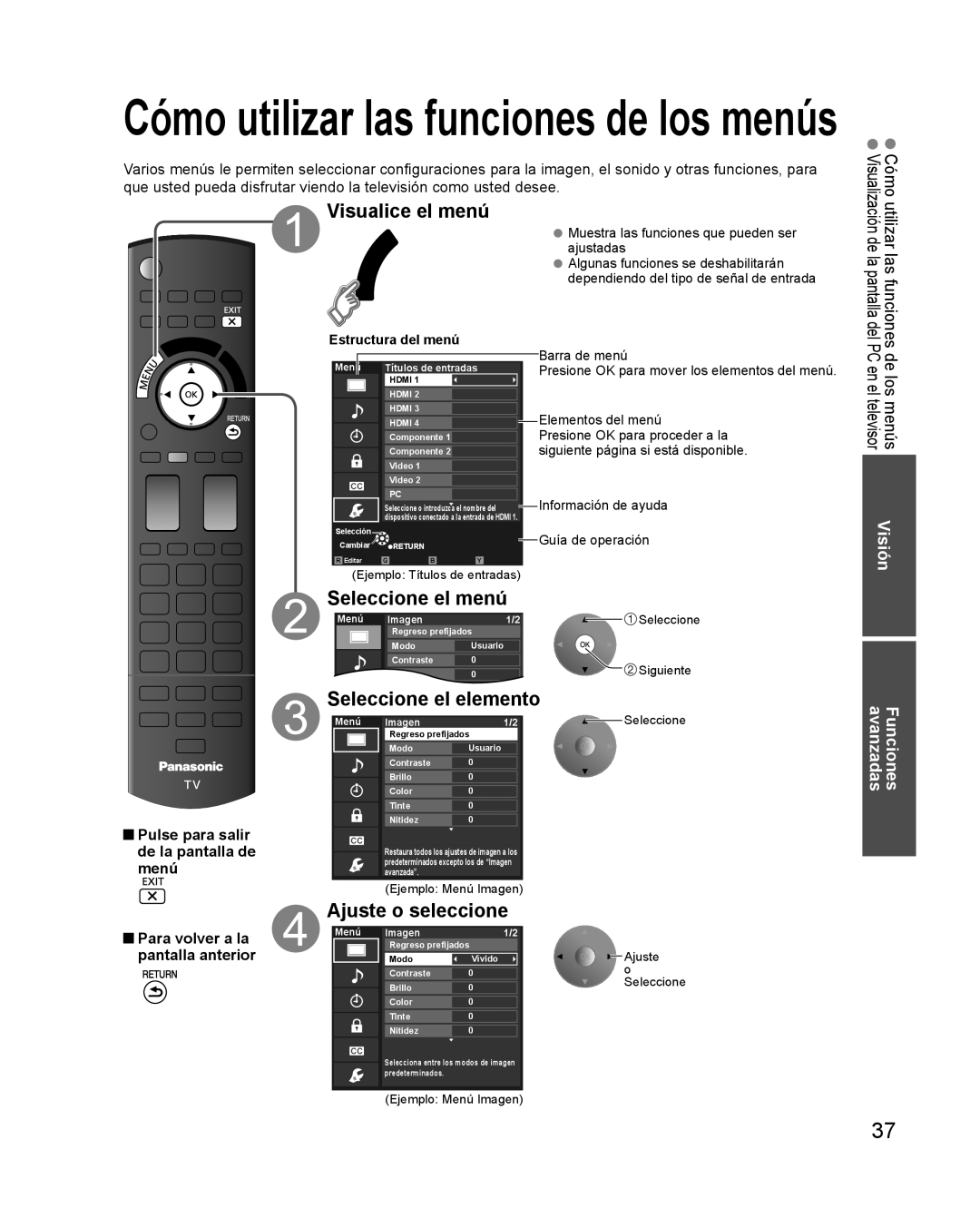 Panasonic TQB2AA0579 quick start Visualice el menú, Seleccione el menú, Ajuste o seleccione, Visión, Estructura del menú 