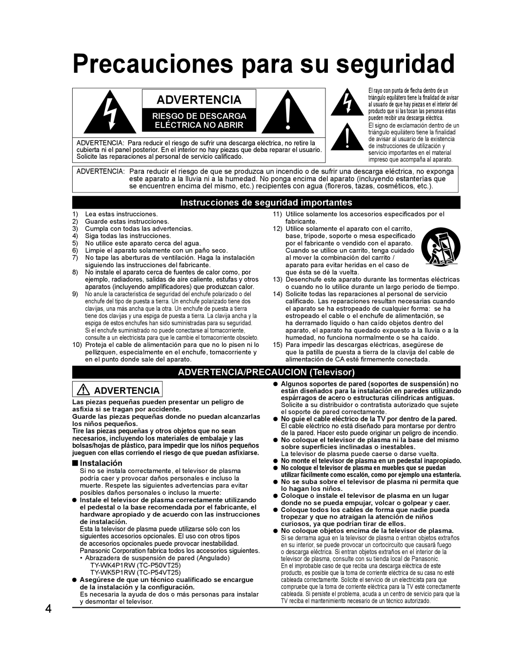 Panasonic TQB2AA0579 quick start Precauciones para su seguridad, Instrucciones de seguridad importantes, Instalación 