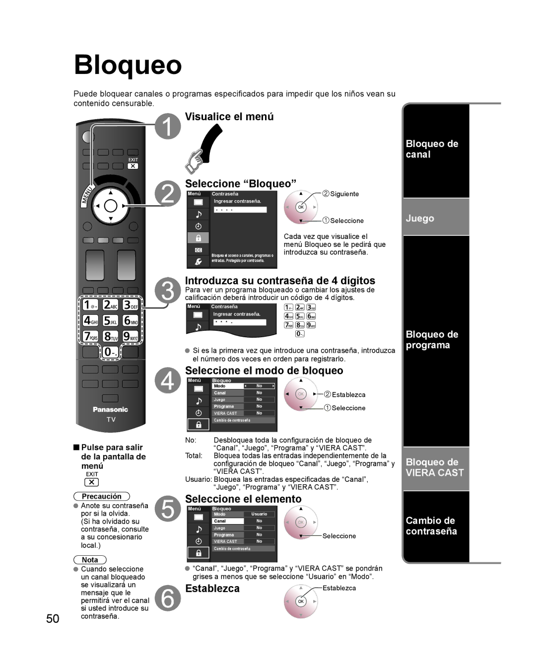 Panasonic TQB2AA0579 quick start Visualice el menú Seleccione Bloqueo, Introduzca su contraseña de 4 dígitos 