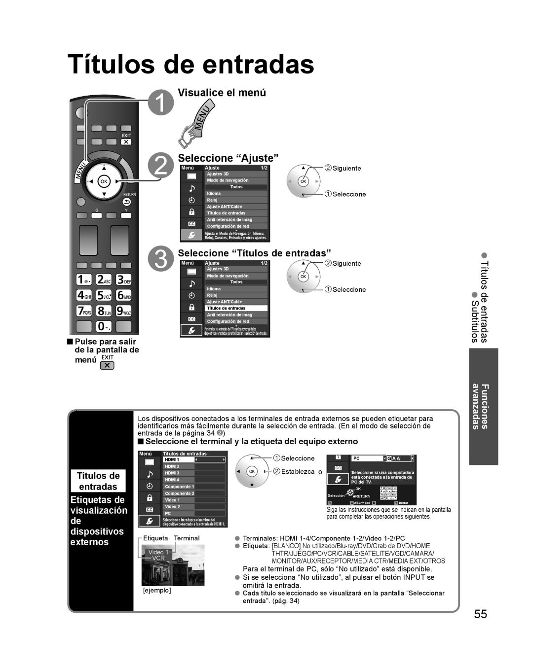 Panasonic TQB2AA0579 quick start Títulos de entradas Subtítulos, Etiquetas de visualización de dispositivos externos 